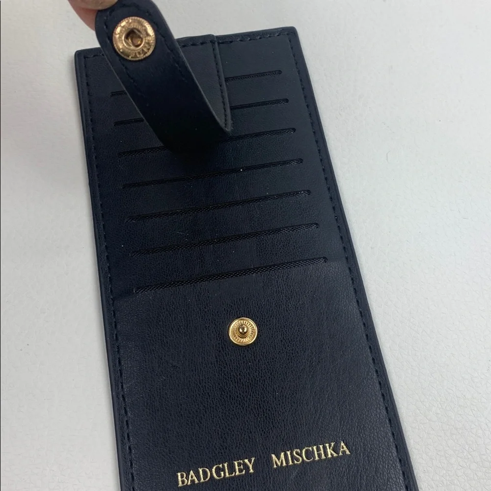 Badgley Mischka black Leather Slim Card holder wallet & Gold button Accent NEW